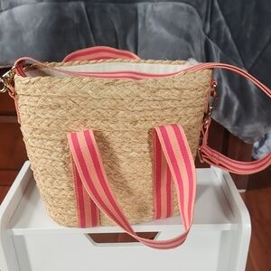 J. Crew Tan and Pink Mini Newport Straw Bag with Woven Texture